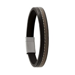 Bracelet Homme Igor- Jourdan - Fermoir en Acier - Bracelet en Cuir lisse Noir et Taupe avec surpiqure blanche