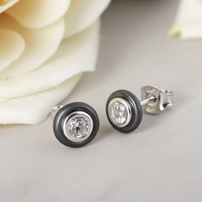Boucles d'oreilles clous femme carador en argent et céramique noire et oxyde de zirconium