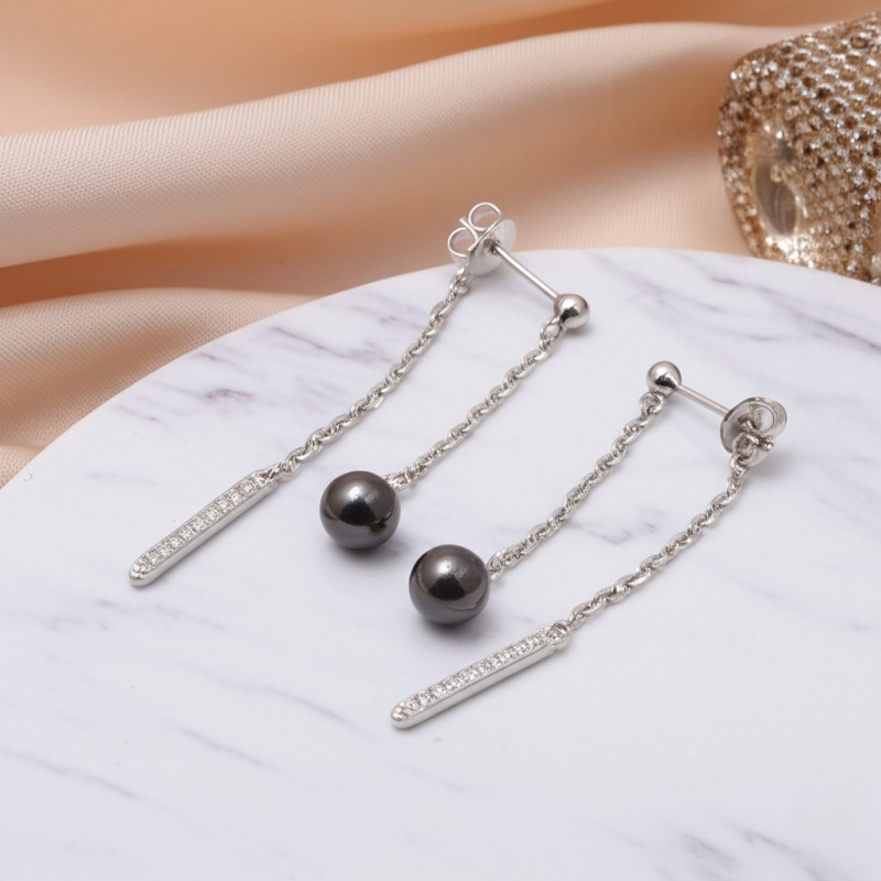 Boucles d'oreilles pendantes carador femme en argent oxydes de zirconium et perle en céramique noire