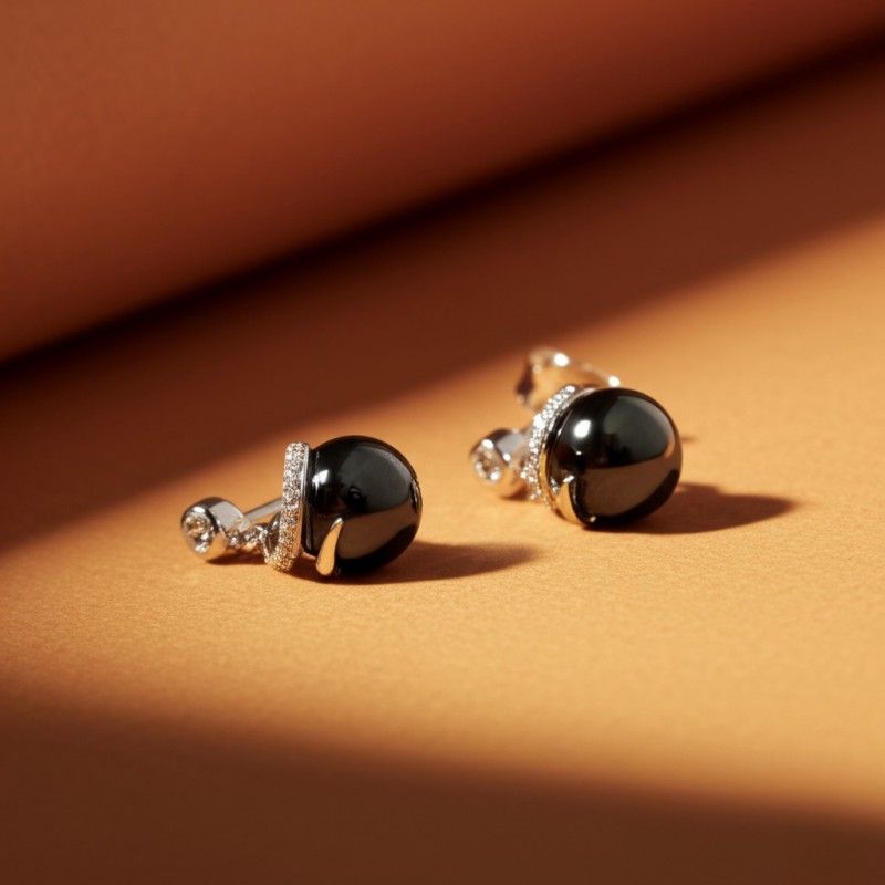 Boucles d'oreilles pendantes femme carador en argent avec oxydes de zirconium et perle en céramique noire