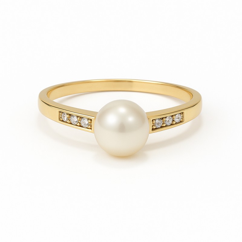 Carador - Bague Perle, Or jaune 375/000 et Oxyde de Zirconium incrusté