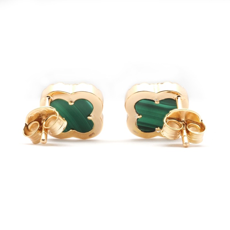 Boucles d'oreilles Silver Pop - Femme - Argent Doré - Oxydes de zirconium et Malachite - Trèfle