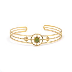 Bracelet Manchette Amporelle Acier doré -  Pierre synthétique verte