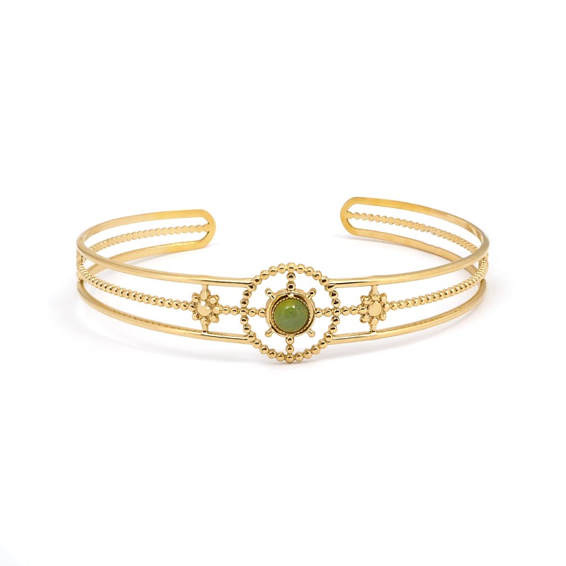Bracelet Manchette Amporelle Acier doré -  Pierre synthétique verte
