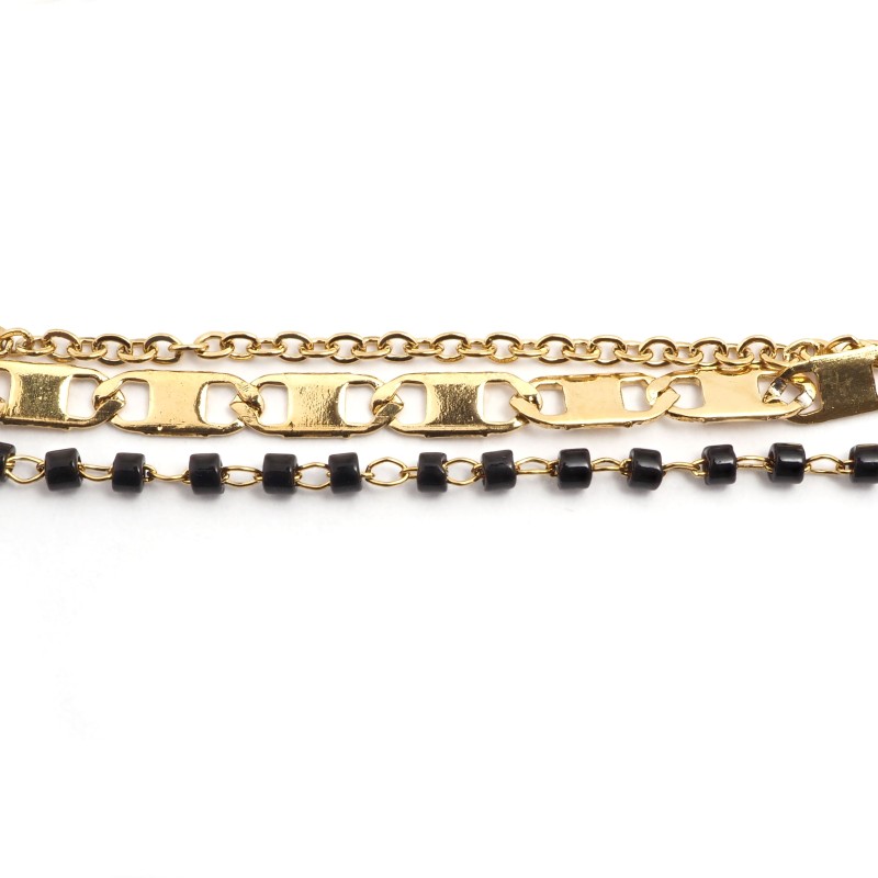 Bracelet Amporelle Acier doré -  3 rangs éléments noirs