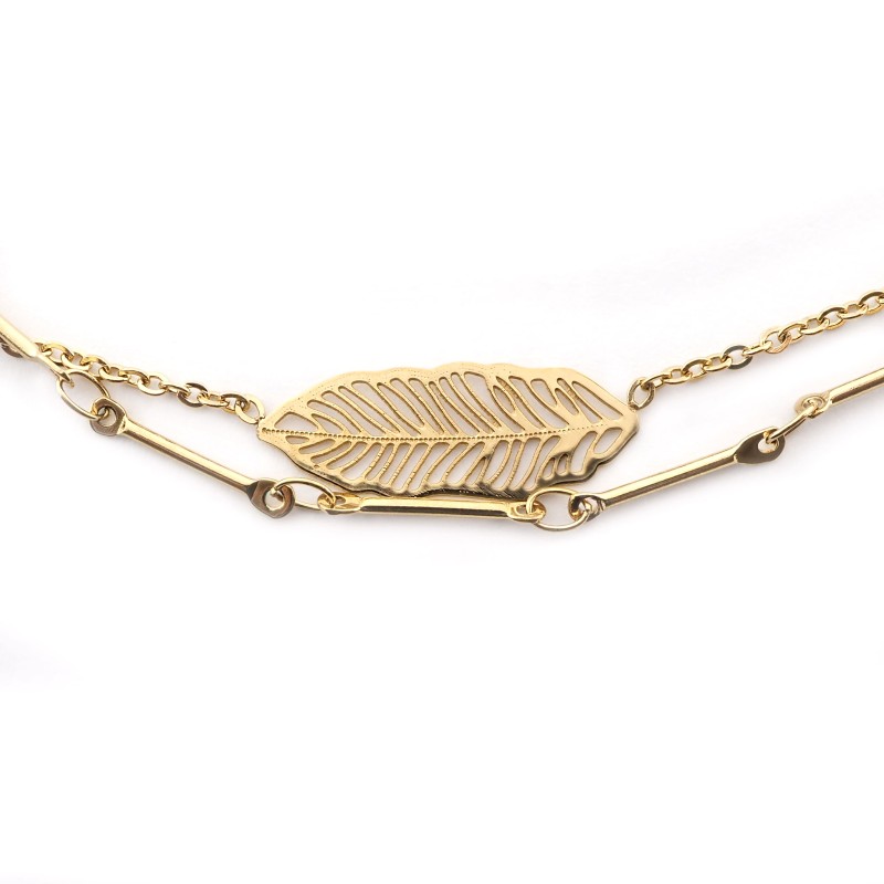 Collier Amporelle Doubles chaînes Feuille Acier doré