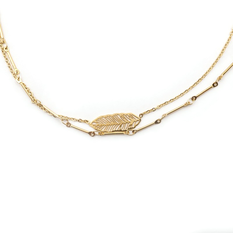 Collier Amporelle Doubles chaînes Feuille Acier doré