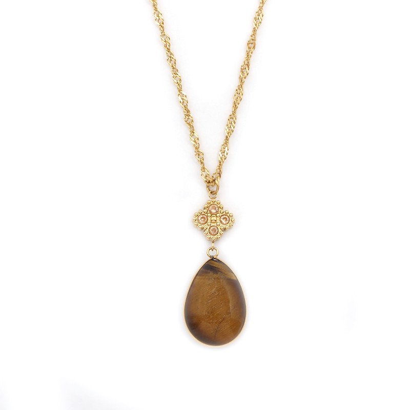 Collier Amporelle Goutte Pierre marron Acier doré