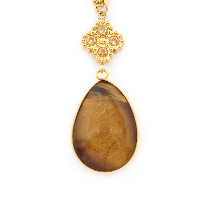 Collier Amporelle Acier doré - Goutte Pierre Synthétique marron - Chaine torsadée