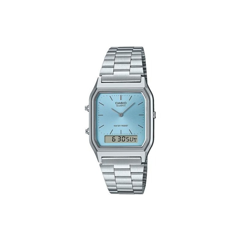 Montre Digitale analogique Casio Acier Argenté cadrant Bleu ciel