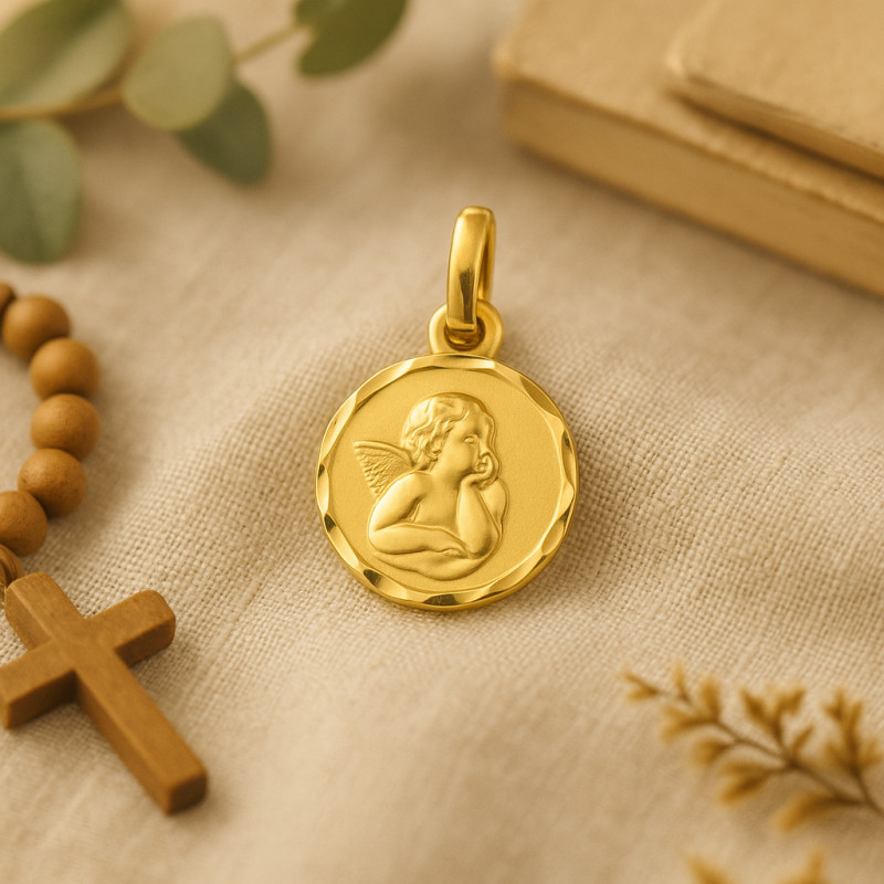 Médaille religieuse ronde Carador ange en or jaune 750/000