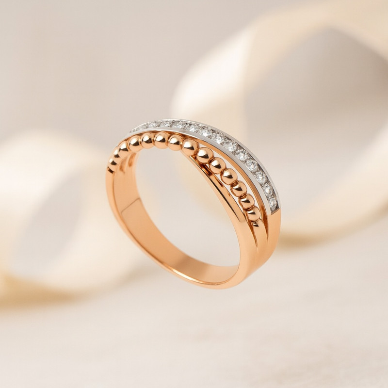 Bague fantaisie entrelacée femme carador en or rose 750/000 et diamants