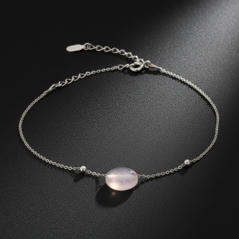 Bracelet argent 925/000 rhodié avec motif forme coussin en quartz rose