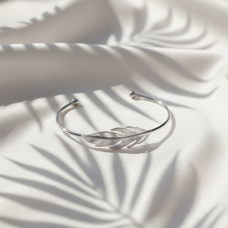 Bracelet Jonc Carador - Argent rhodié, motif plume