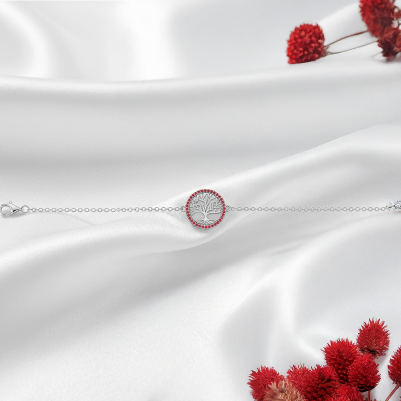 Bracelet Carador - Argent et oxydes de zirconium rouge - arbre de vie