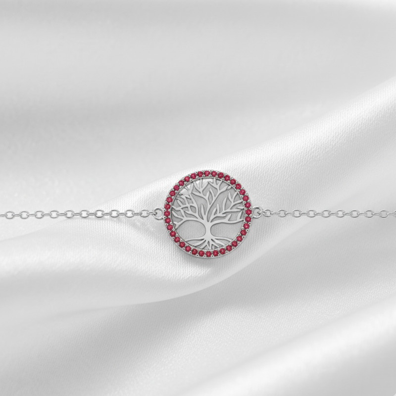 Bracelet Carador - Argent et oxydes de zirconium rouge - arbre de vie