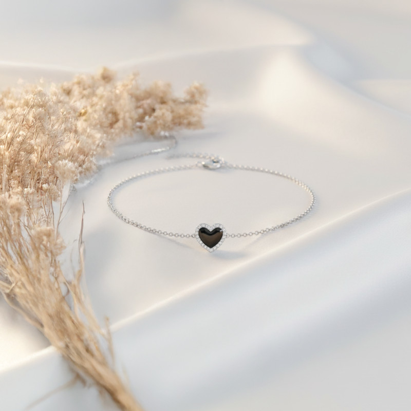 Bracelet Carador - Argent, laque noir et oxydes de zirconium blanc- cœur