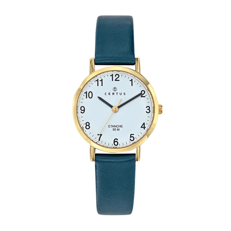 Montre Certus Femme Acier doré et bracelet en cuir bleu