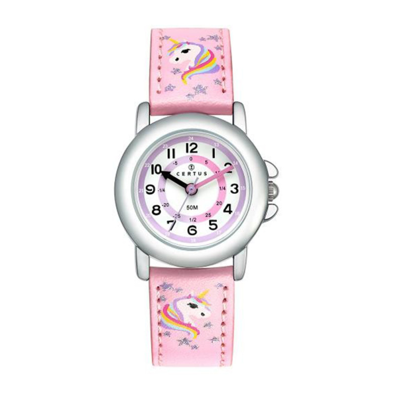 Montre analogique Certus licornes bracelet cuir rose