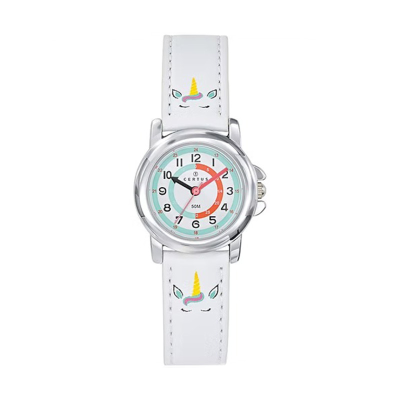 Montre analogique Certus Junior licornes bracelet cuir blanc