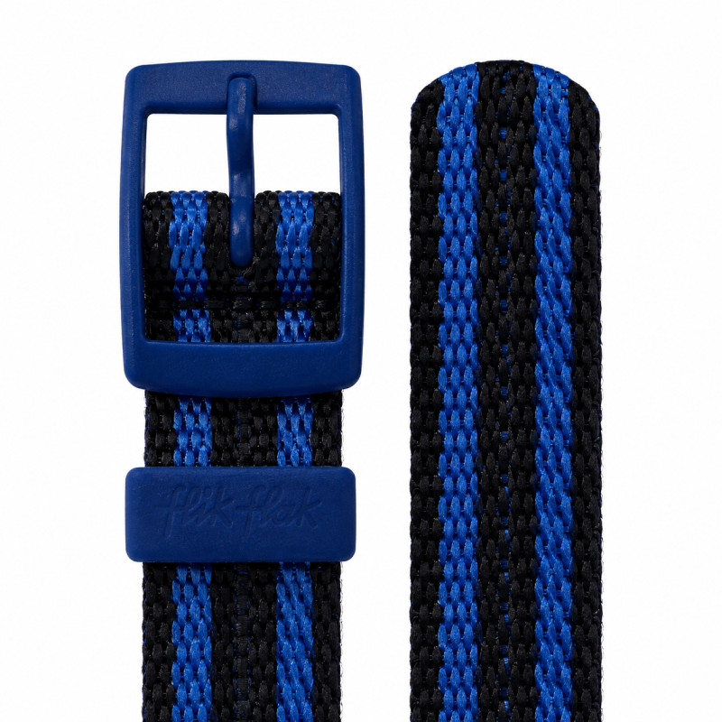 BRACELET MONTRE FLIK FLAK TISSU NOIR ET BLEU