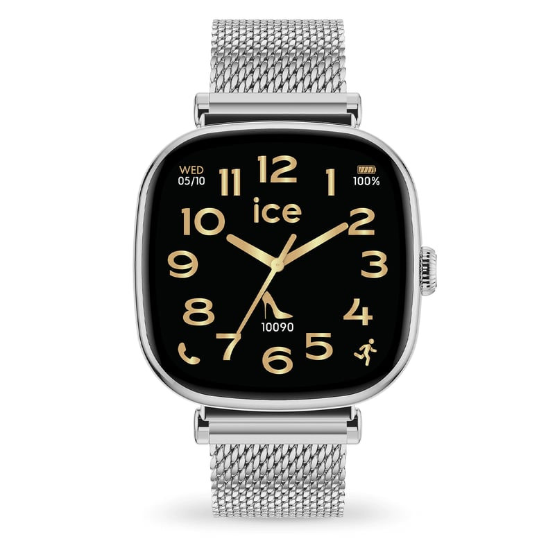 Vue de face de la montre connectée Ice-Watch Smart SQ 2.0 argentée avec écran AMOLED carré et boîtie