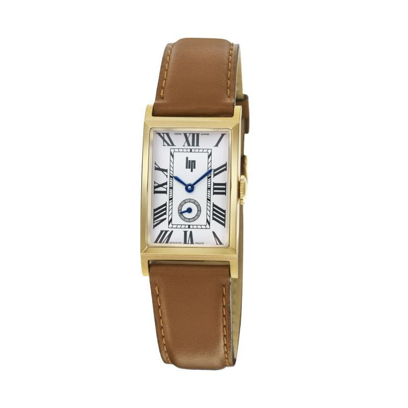 Montre analogique LIP Churchill T18, boîtier rectangulaire ton or, bracelet en cuir de veau camel