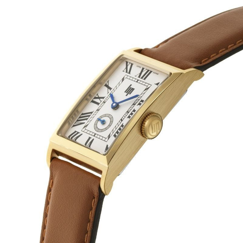 Montre analogique LIP Churchill T18, boîtier rectangulaire ton or, bracelet en cuir de veau camel, p