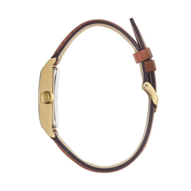 Montre analogique LIP Churchill T18, boîtier rectangulaire ton or, bracelet en cuir de veau camel – 