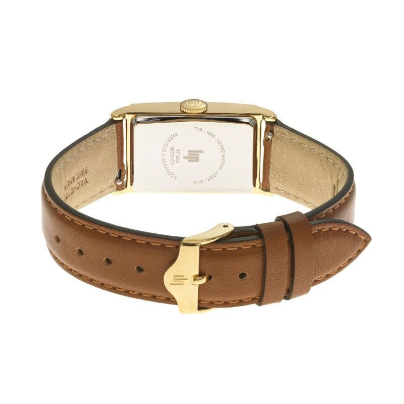Montre analogique LIP Churchill T18, boîtier rectangulaire ton or, bracelet en cuir de veau camel - 