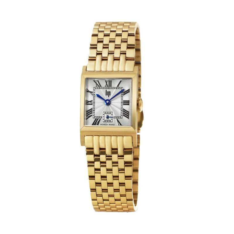Packshot de la montre analogique LIP Churchill C18 bracelet en acier doré.