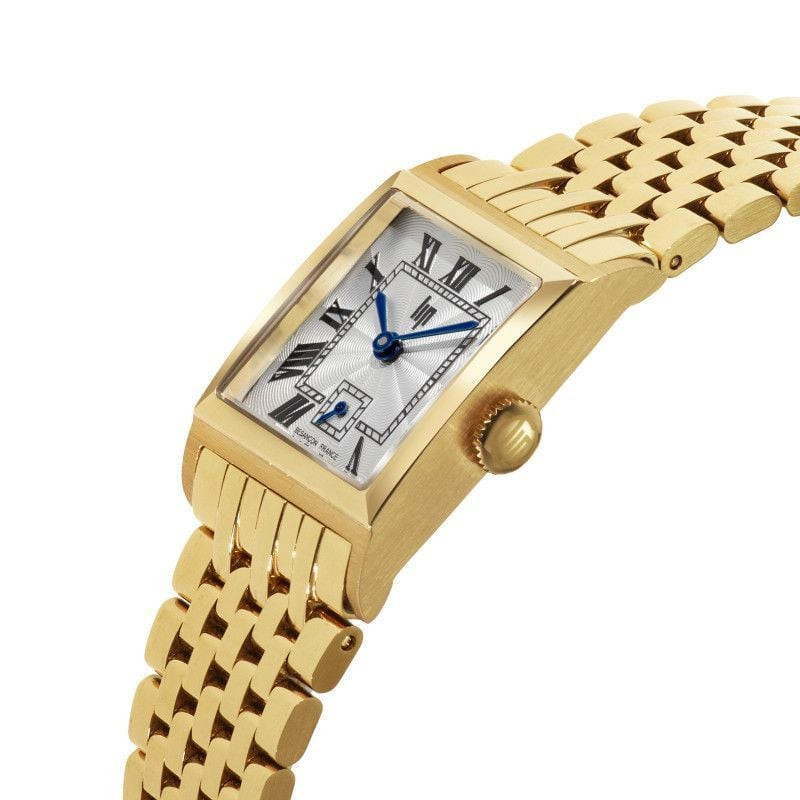 Montre analogique LIP Churchill C18 bracelet en acier doré, packshot avec cadran argenté et aiguille