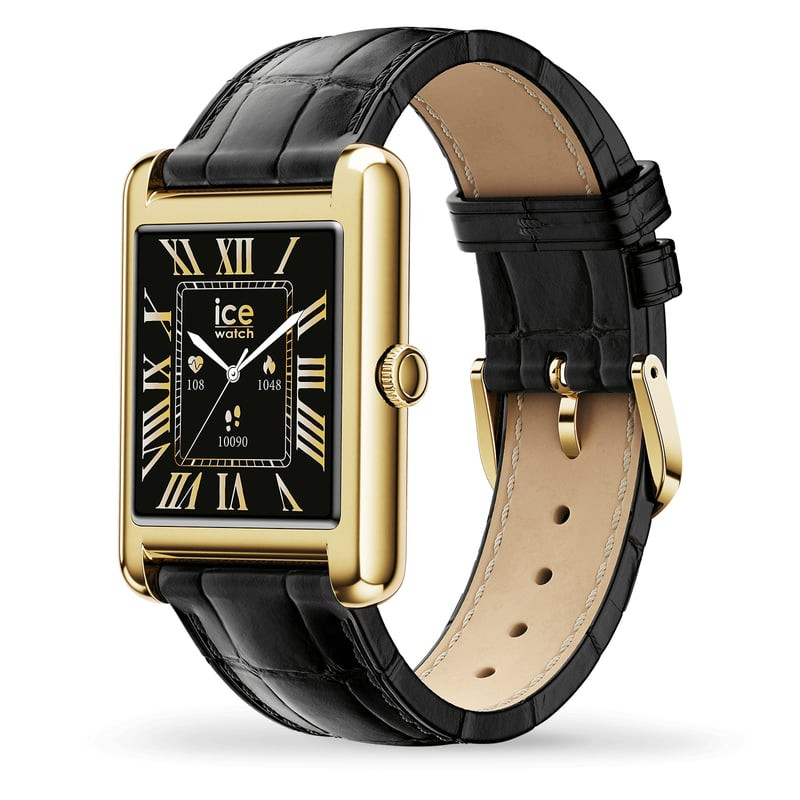Packshot de la Montre Connectée ICE WATCH TKS 2.0 bracelet cuir noir, écran affiché et boîtier doré.