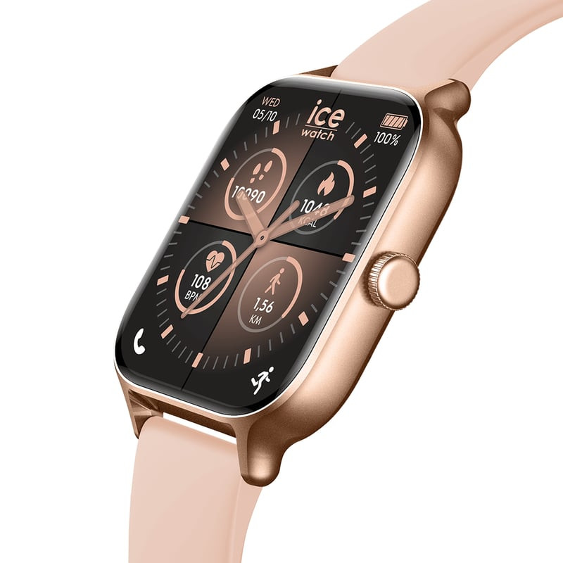 Gros plan sur le boîtier en or rose et le bracelet en silicone rose poudré de l'Ice-Watch 2062330