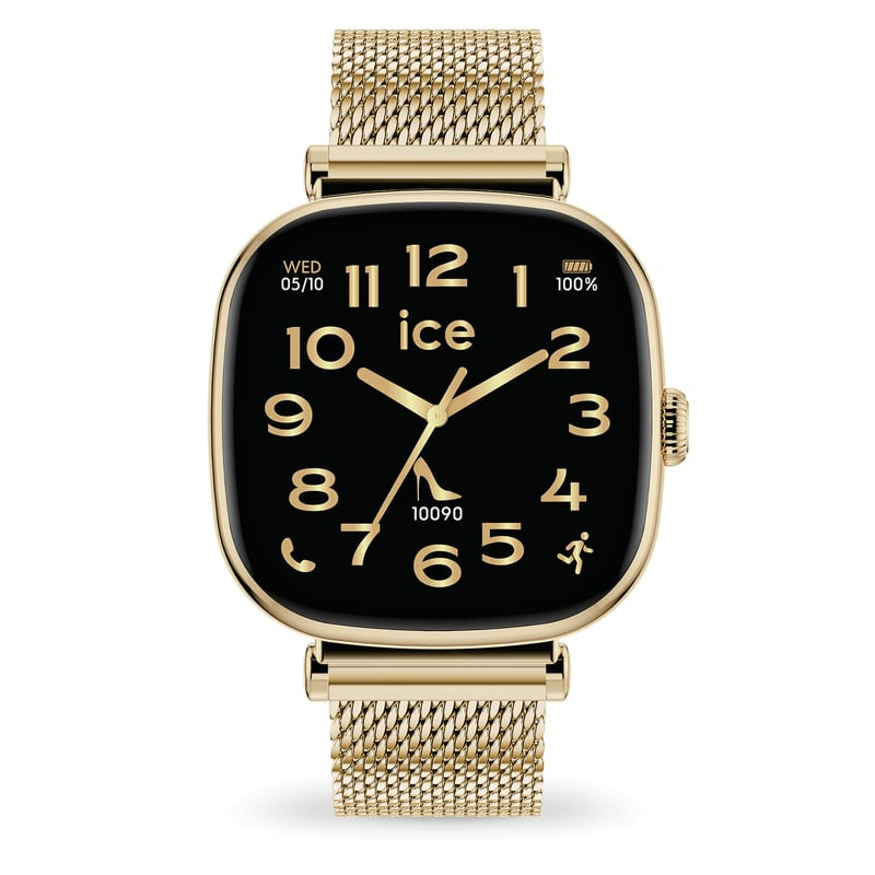 Vue de face de la montre connectée ICE smart SQ 2.0 dorée avec écran AMOLED carré et bracelet milana