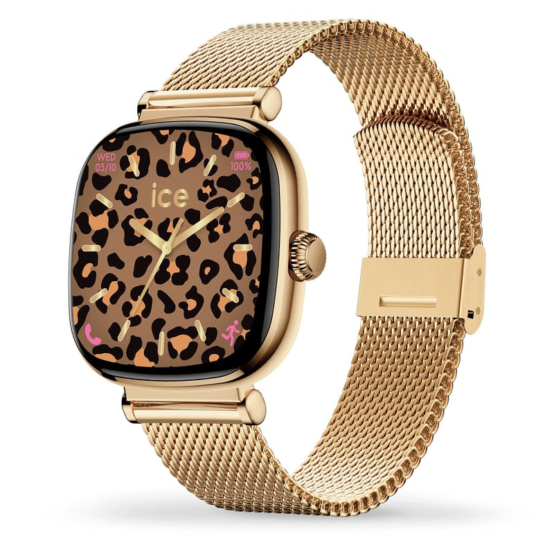 Vue latérale de la montre connectée dorée ICE smart SQ 2.0 montrant le boîtier métallique, le bouton