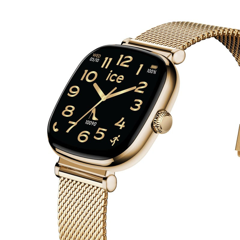 Montre connectée ICE smart SQ 2.0 dorée avec un cadran coloré éclatant, gros plan sur l'écran.