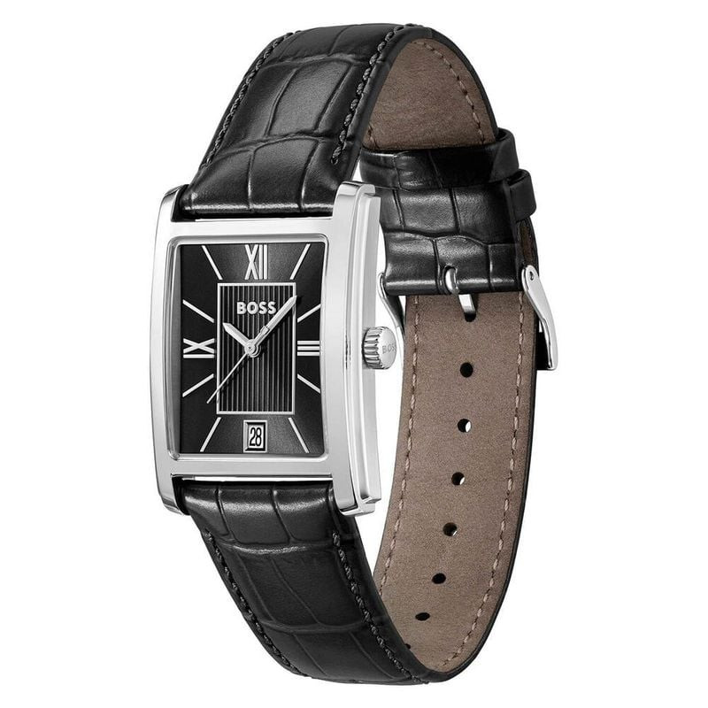 Vue latérale de la montre BOSS Principle Dress montrant le boîtier en acier poli et la texture du br