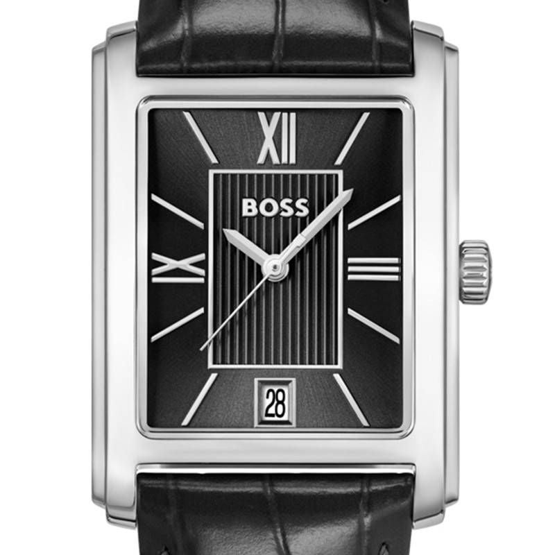 Détail macro de la couronne et du boîtier en acier brossé de la montre BOSS Principle Dress