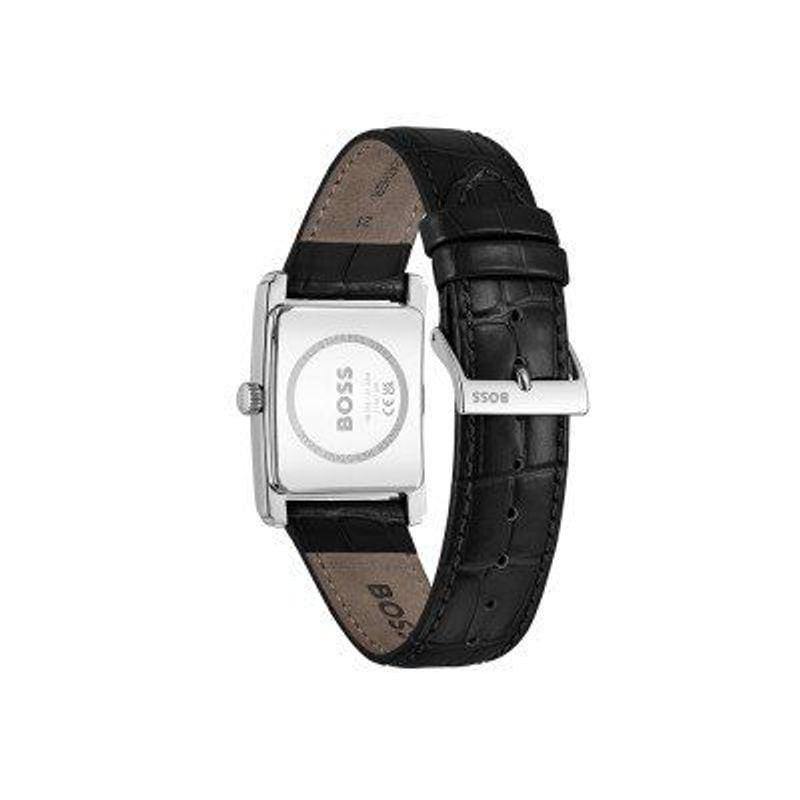 Vue d'ensemble de la montre BOSS Principle Dress avec bracelet en cuir noir et sa boucle
