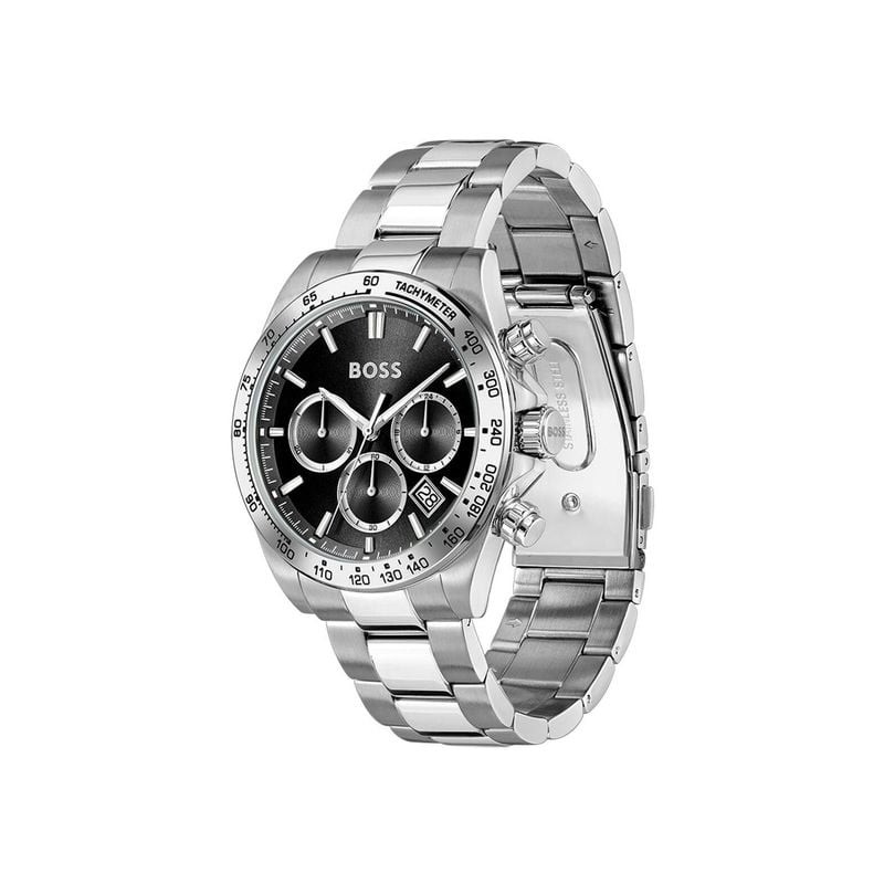 Packshot du Chronographe analogique BOSS collection Hero 2.0 bracelet acier inoxydable argent