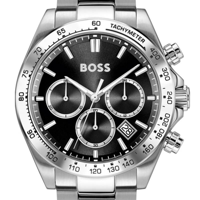 Chronographe analogique BOSS collection Hero 2.0 bracelet acier inoxydable argent, vue de détail.
