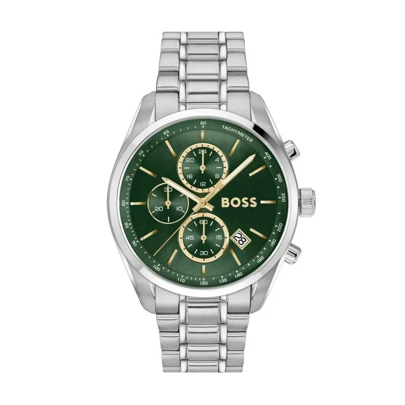 Vue de face de la montre chronographe HUGO BOSS 2093449 avec cadran vert et bracelet en acier inoxyd