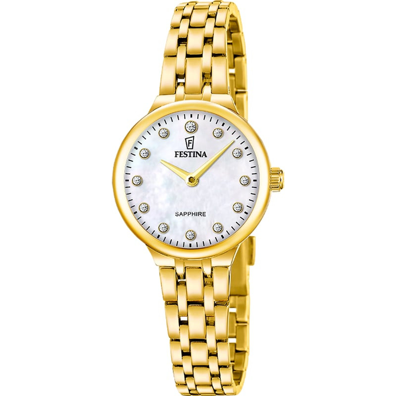 Image de la montre femme Festina 2093486, boîtier doré poli et cadran en nacre.
