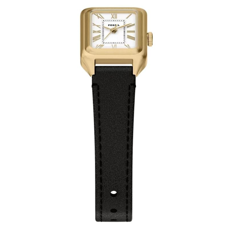 Gros plan du bracelet en cuir noir de la Fossil Raquel Mini 2093544, avec bords cousus et boucle.