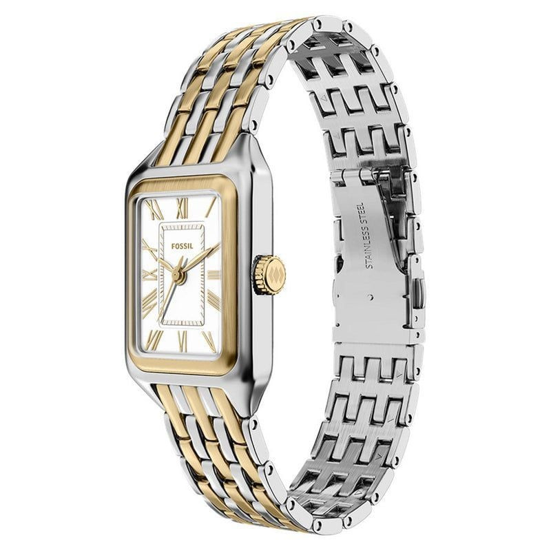 Montre Analogique FOSSIL Collection Raquel bracelet acier bicolore sur fond blanc