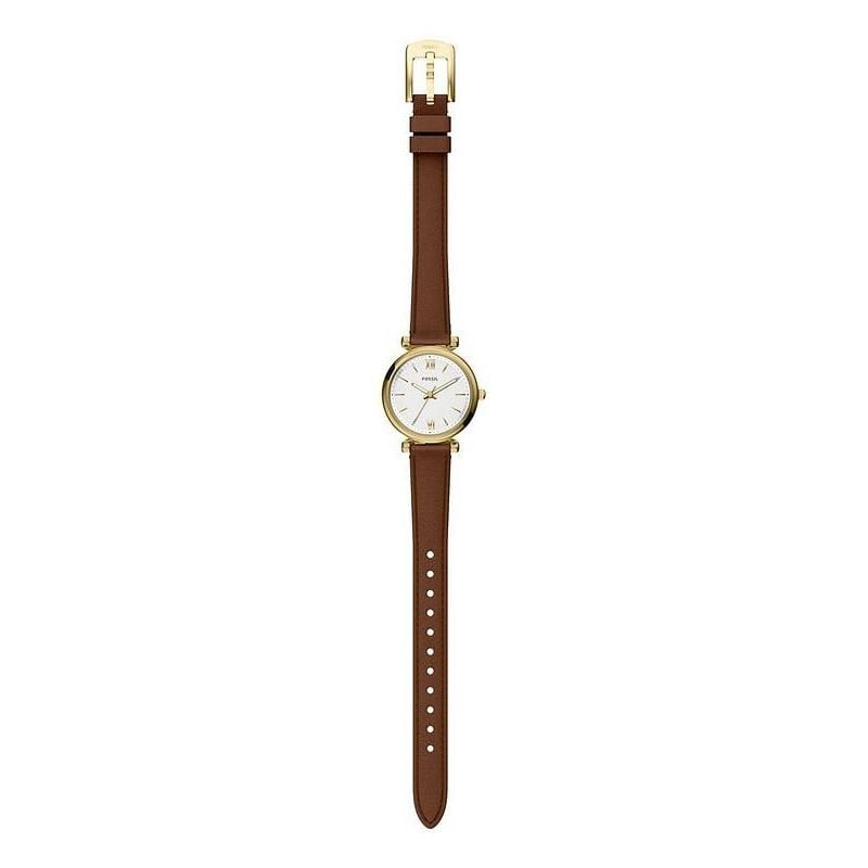 Packshot de la Montre Analogique FOSSIL Collection Carlie Mini Bracelet Cuir Marron, cadran blanc et