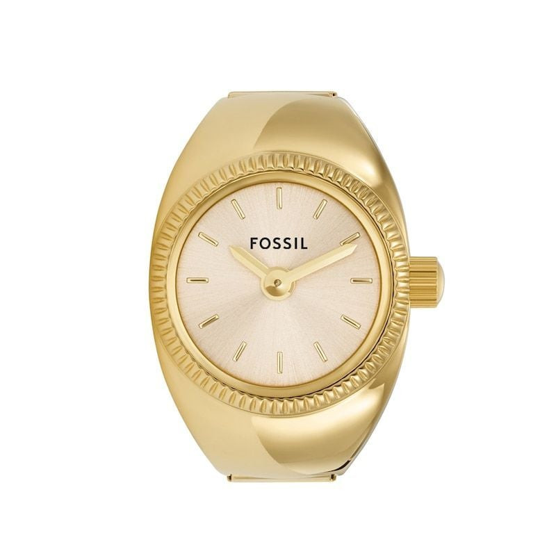 Vue latérale de la bague-montre dorée Fossil ES5246 pour femme montrant l'épaisseur du boîtier et le