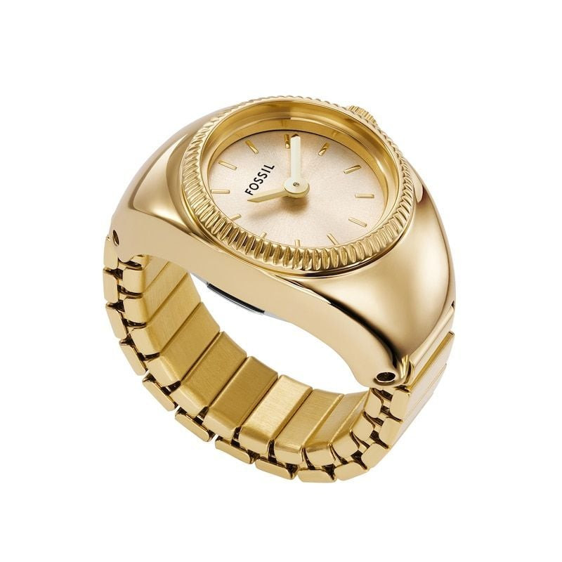 Bague-montre Fossil ES5246 dorée sur fond blanc, élégante montre pour femme