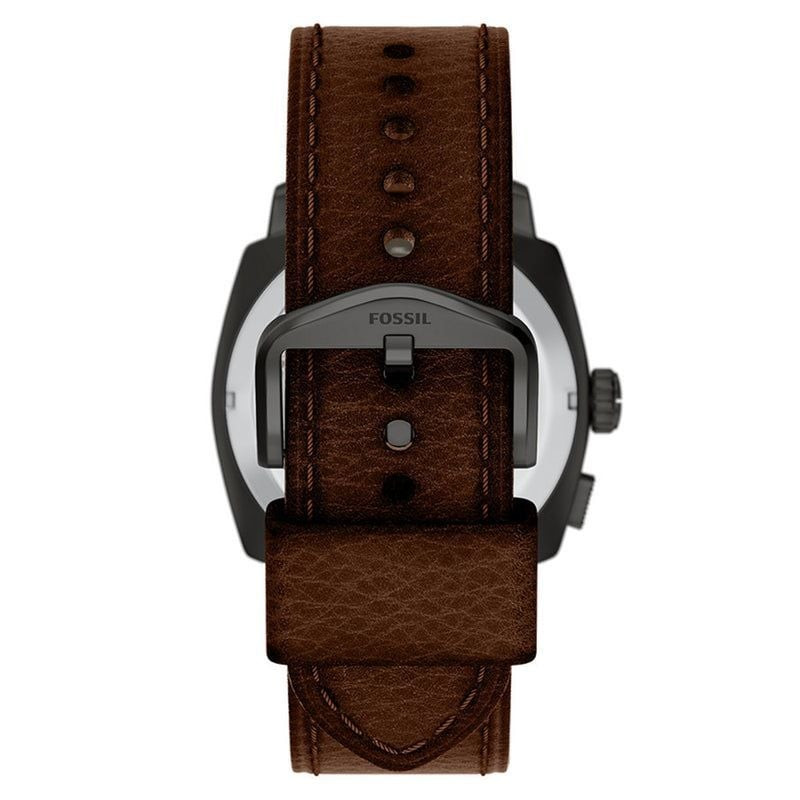 Montre Analogique Fossil Collection Machine Bracelet Cuir Marron au cadran noir et boîtier acier.